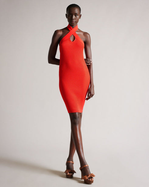 MIRELLE-Dresses-Steal the show in MIRELLE. This mini dress is great option for dressing up or down. In a flattering stretch fabric with a halter neck design, this piece works great with a pair of chunky heels and a mini bag. Mini dress Bodycon Halter neck Ribbed Neck button fastening Super stretchy fabric Our model is 5'9" / 1.75cm and wears a Ted size 1- Ted Baker Romania
